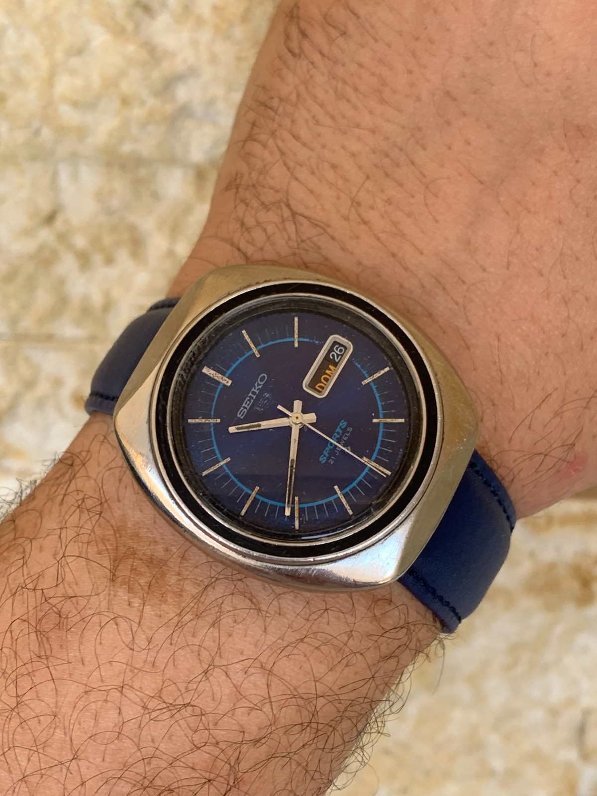 Vintage Seiko 5 Sports 6319-8070 Watch 1970s Blue Dial UFO Automatic 41mm Jumbo