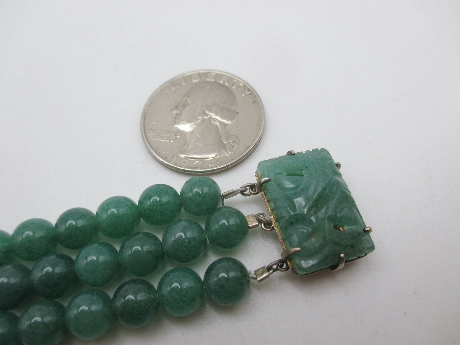 VTG Chinese Export Jade Jadeite 3 Row Beaded Bracelet Carved Flower Clasp Silver