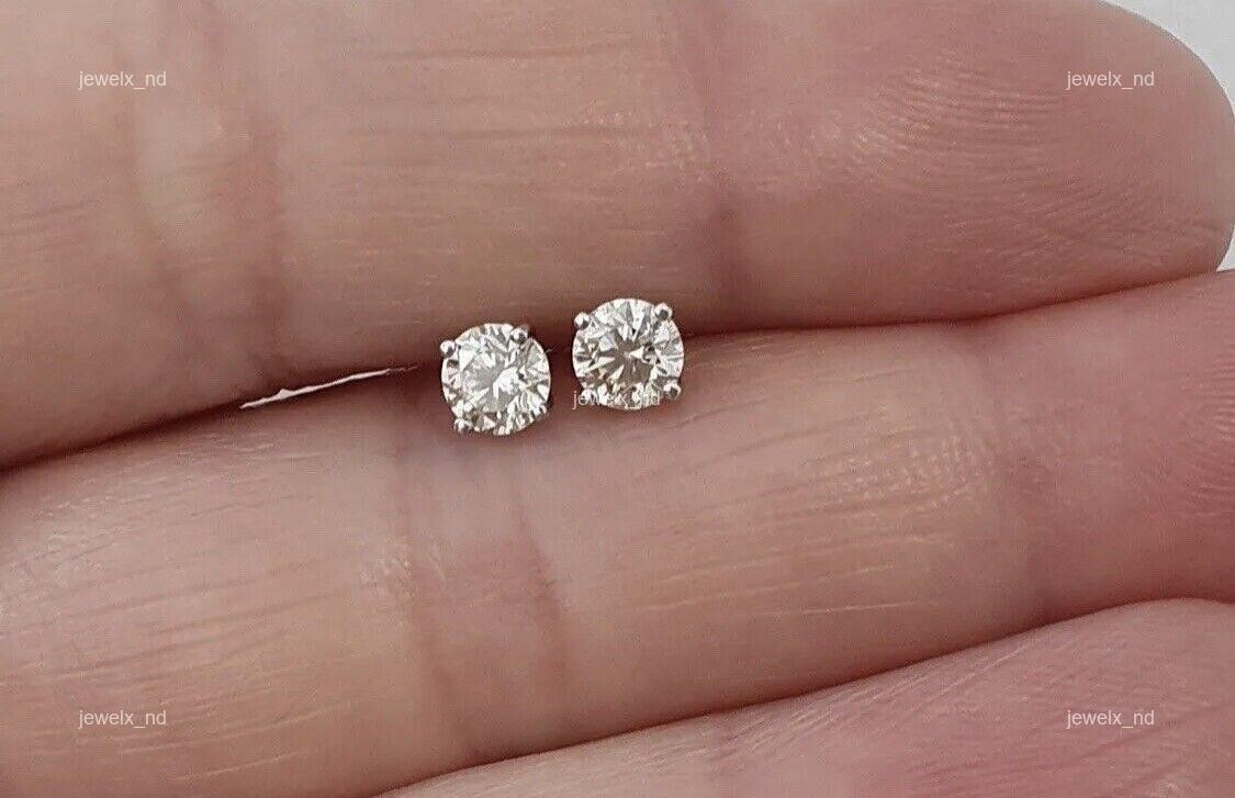 14K Solid White Gold Natural Diamond Stud Post Independent Lady Earrings Jewelry