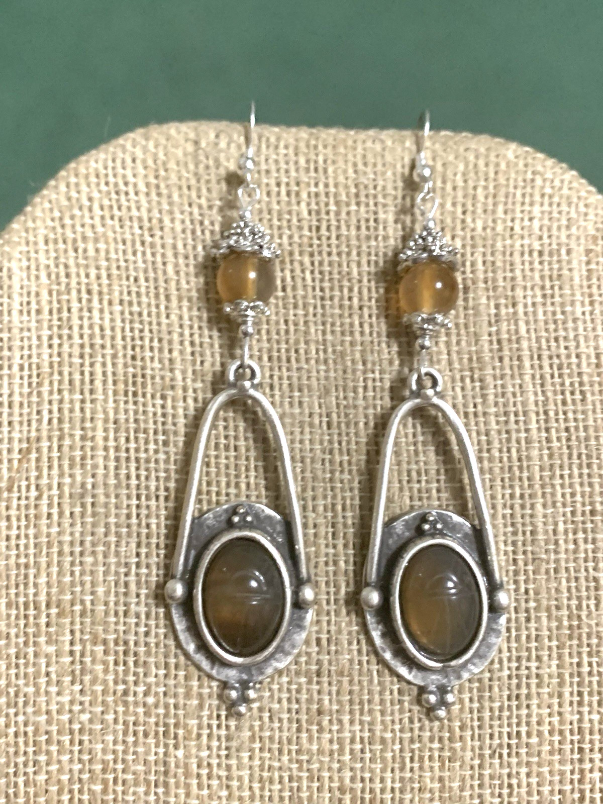 ON SALE*HANDCRAFTED EGYPT CARVED VTG. AMBER CHALCEDONY SCARAB EARRINGS-NEW.s