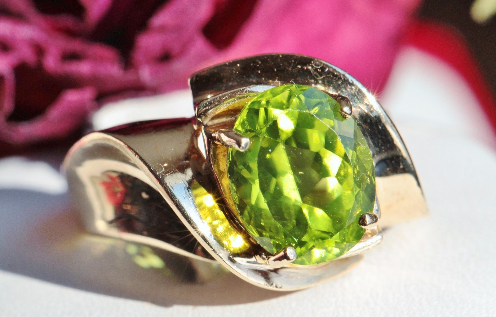 10k yellow gold ring 3.20ct peridot solitaire 5.7gr swirl sz 7.25 antique 1930’s