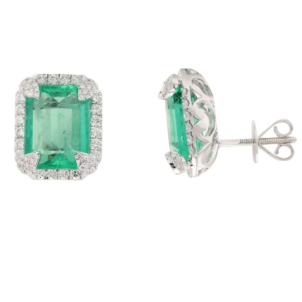 6.80carat Emerald Cut Natural Emerald Diamond Stud Earring 18K White Gold Plated