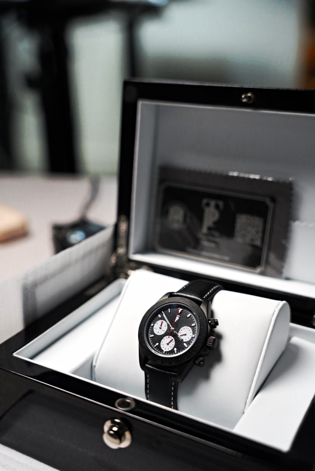 Time Panda Chronograph Quartz 40mm Black Dial Leather Strap w/ Box