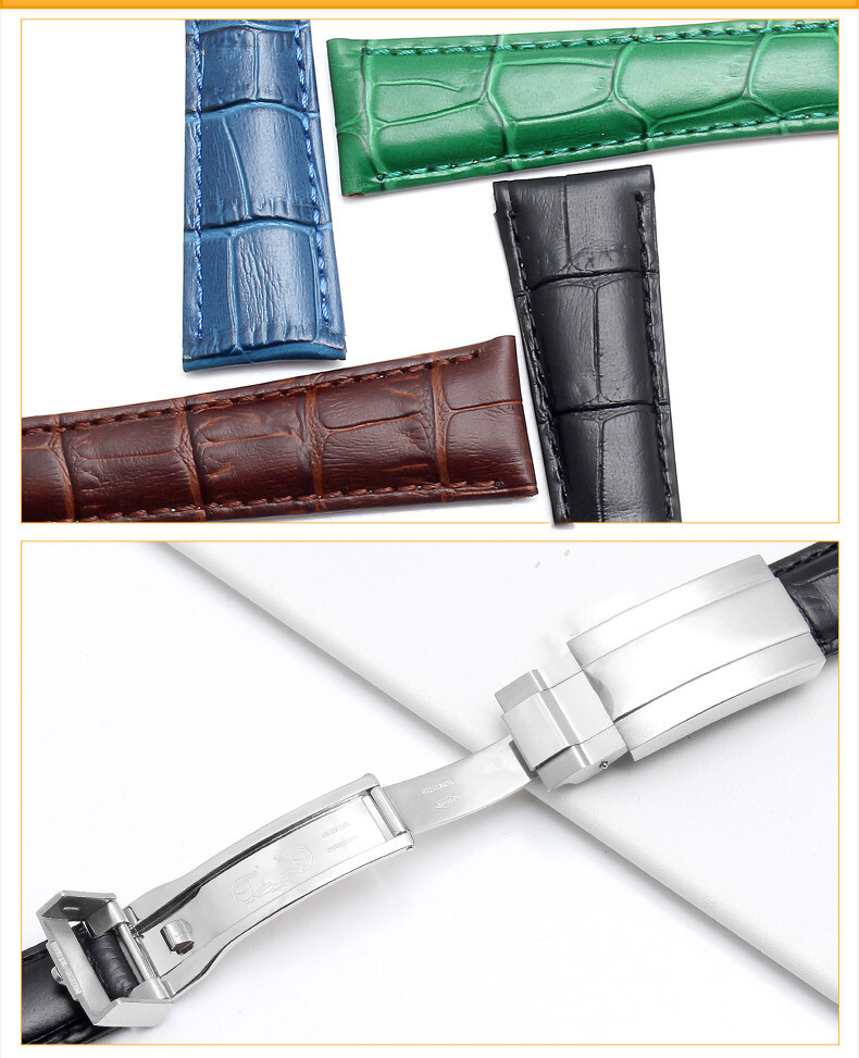 Double Sided Genuine Leather Crocodile Grain Watch Straps Mens Band 20 for Rolex