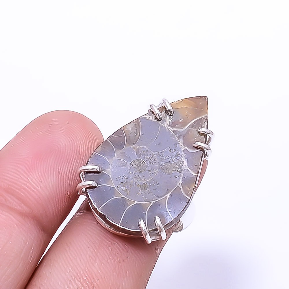 Cleoniceras Cleon Ammonite -Fossil Solitaire 925 Sterling Silver Ring s.7.5 R121