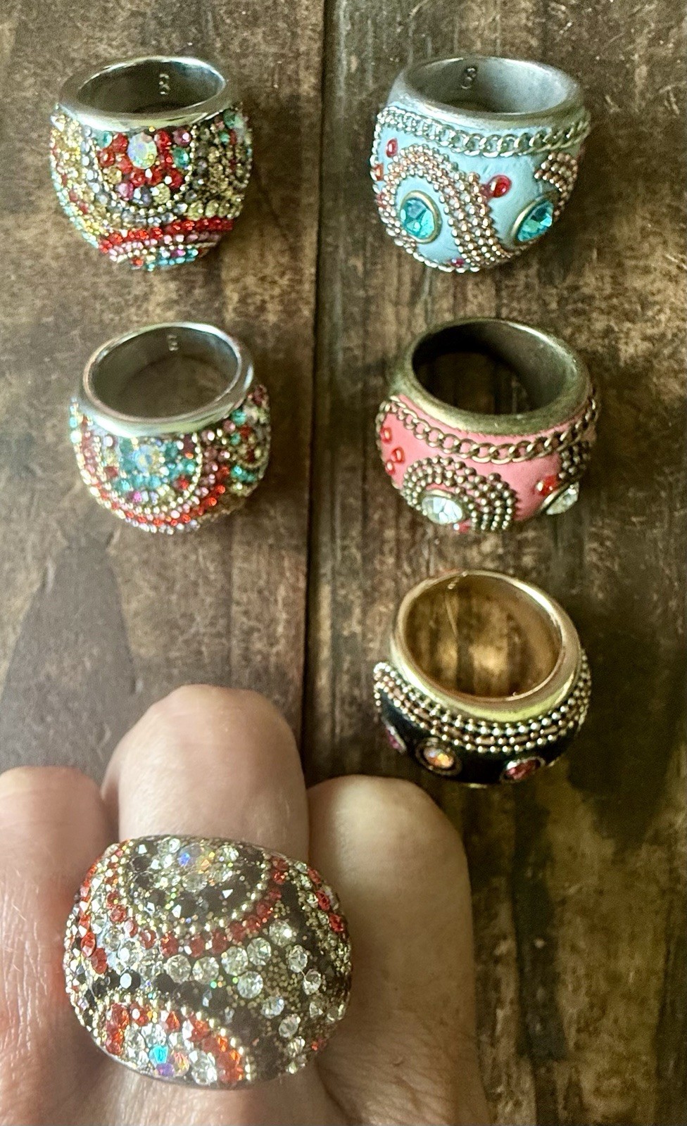 Lot of 6 Chunky Statement Rings Boho Rhinestone Multi Color Pink Blue Black