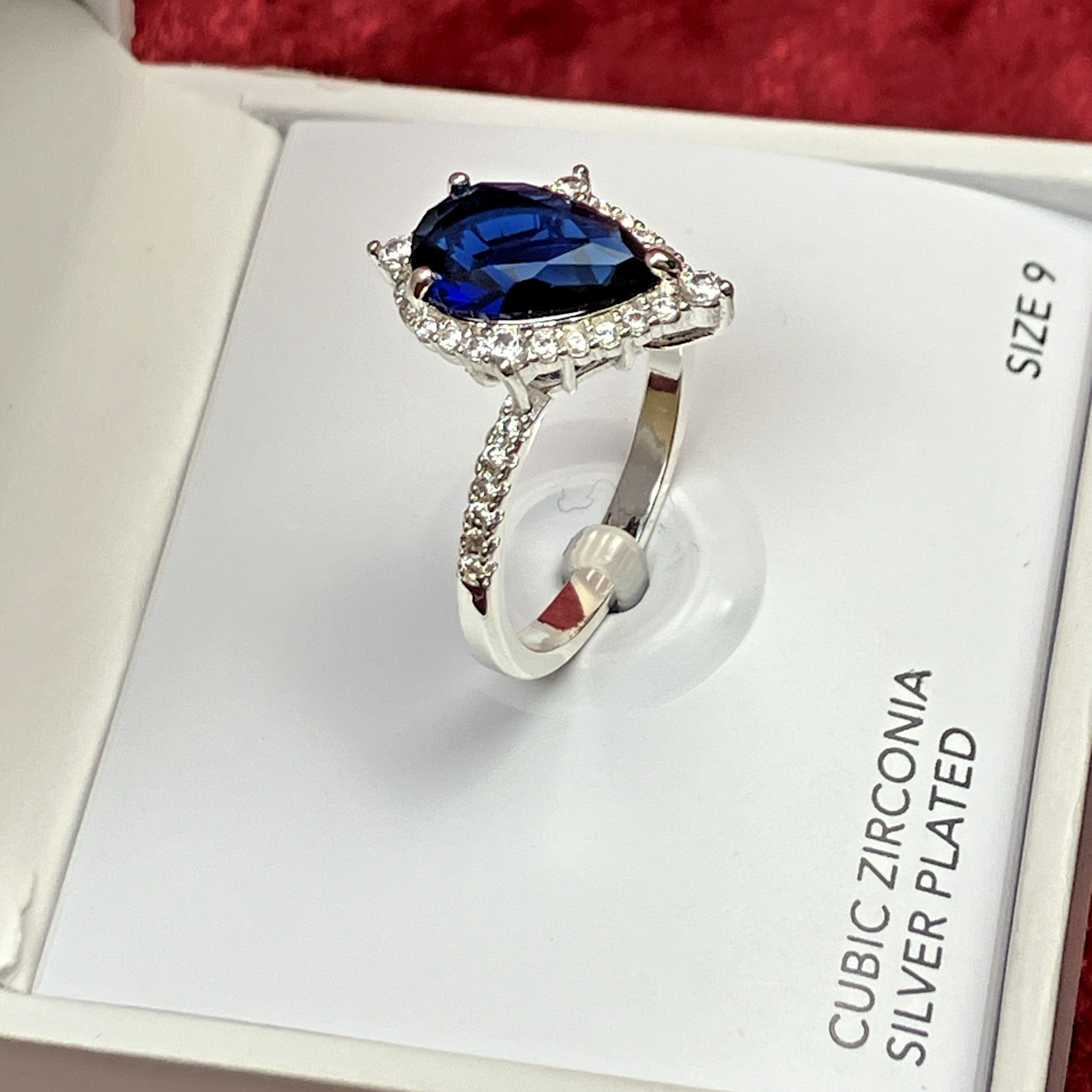 Charter Club Pave & Pear Shaped Blue Crystal Silver Tone Ring Sz 9 NWT $39