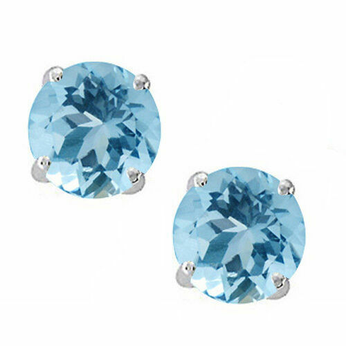 14K Solid White Gold March Aquamarine Round Shape Stud w/ Screw Back Earring
