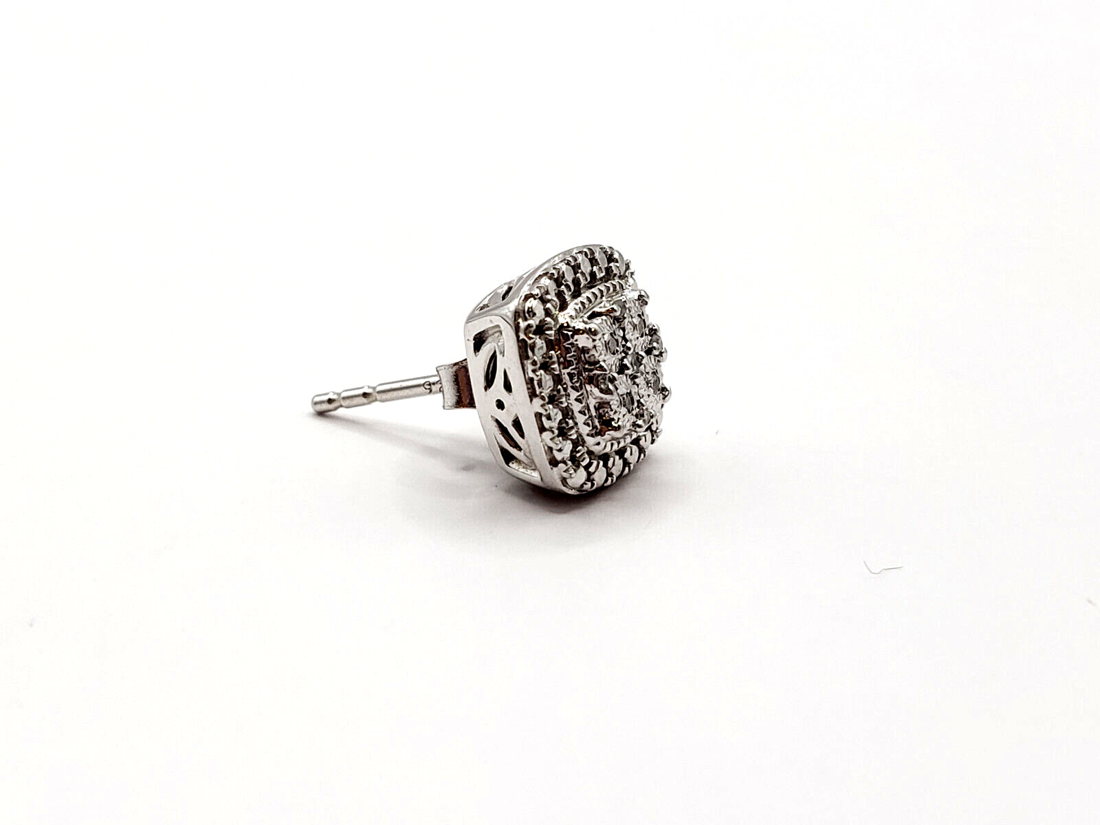 Single Diamond Paved 925 Sterling Silver Square Stud Earring JTW Makers Marked