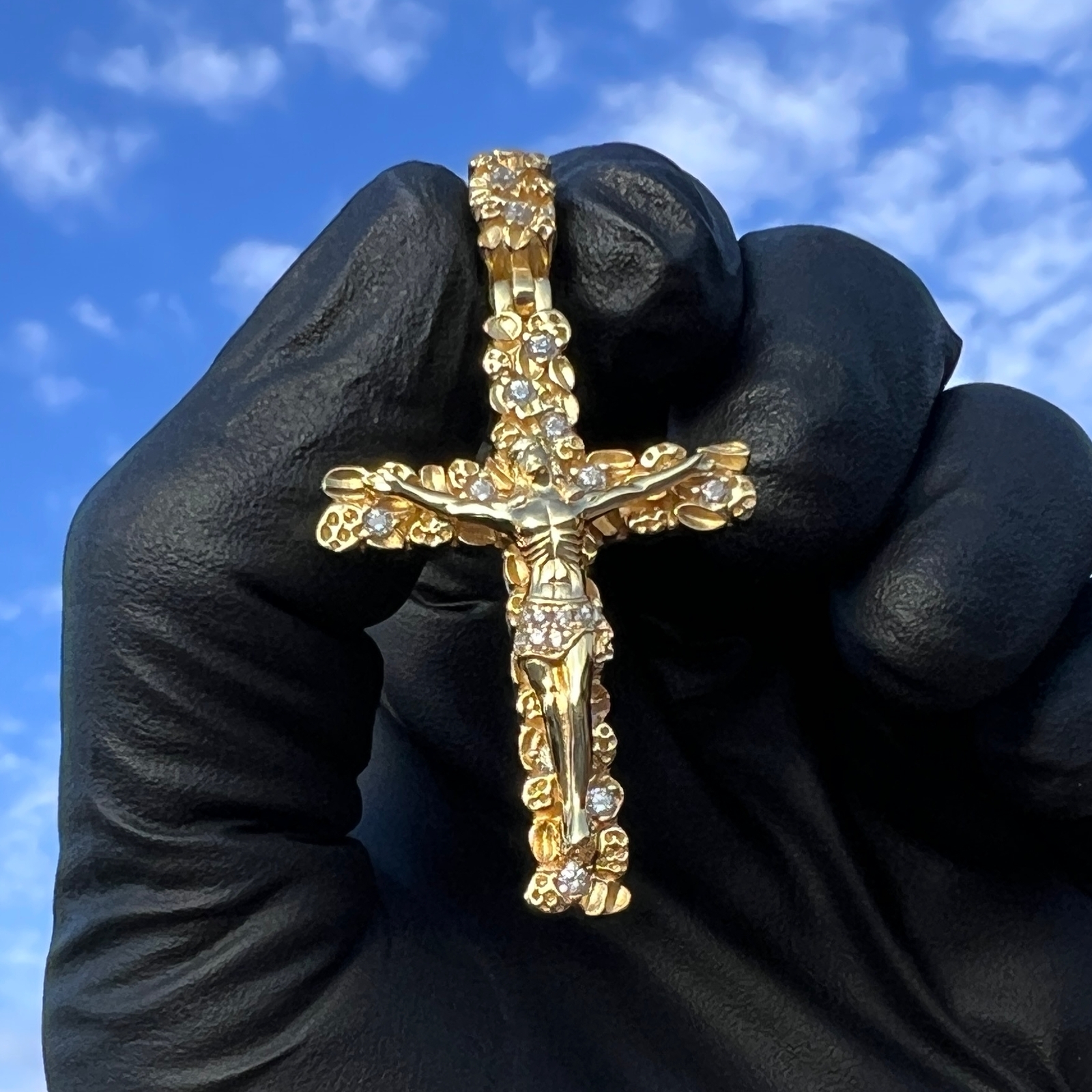 14K Gold Plated 925 Sterling Silver Nugget Jesus Crucifix Cross CZ Iced Pendant