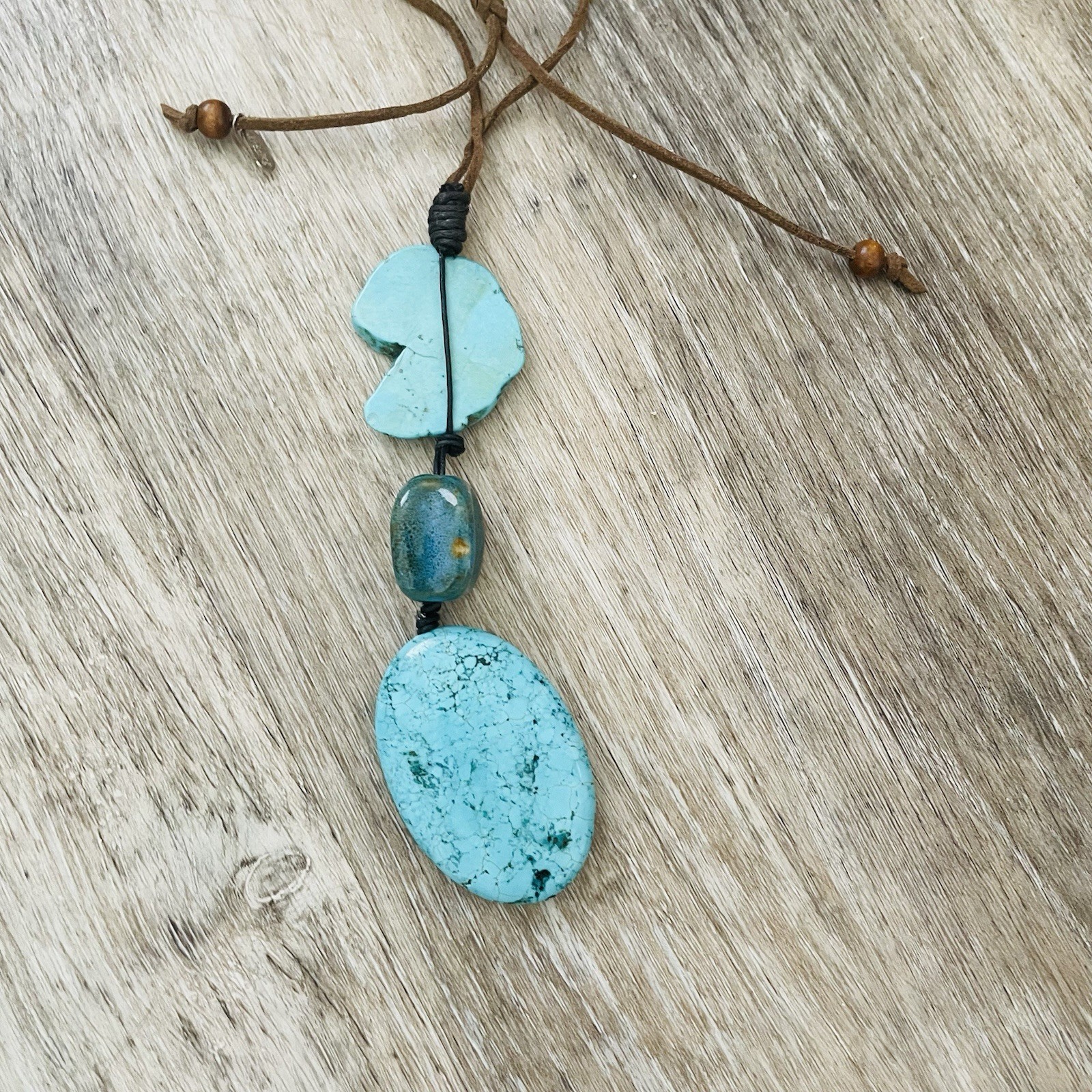 Turquoise Stone Drop Pendant Necklace – Brown Cord