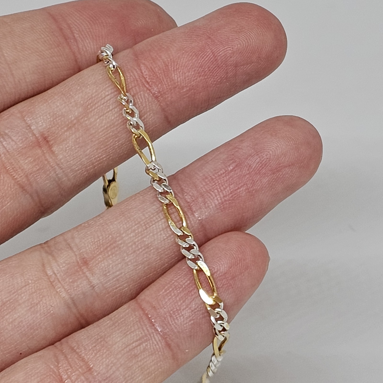 SU 925 Sterling Silver Vermeil Figaro Flat Link Chain Bracelet 7″ Long Italy