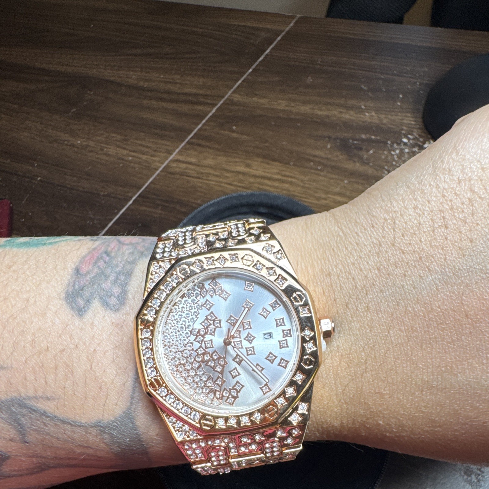 Ice Ghost Daytona Quartz Gold Tone Octagon Diamond Bezel Bracelet Date