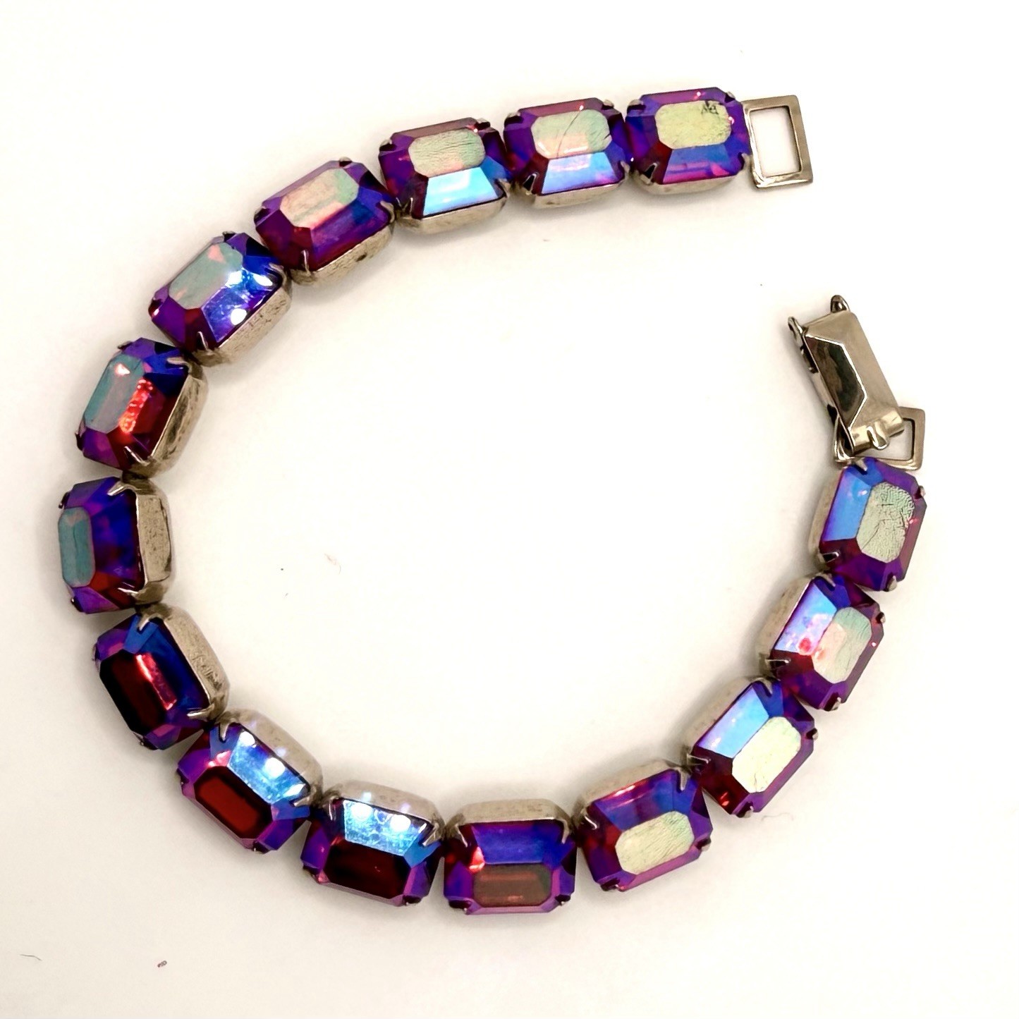Signed Weiss AB Crystal Bracelet | Purple Pink Emerald Cut Rhinestones