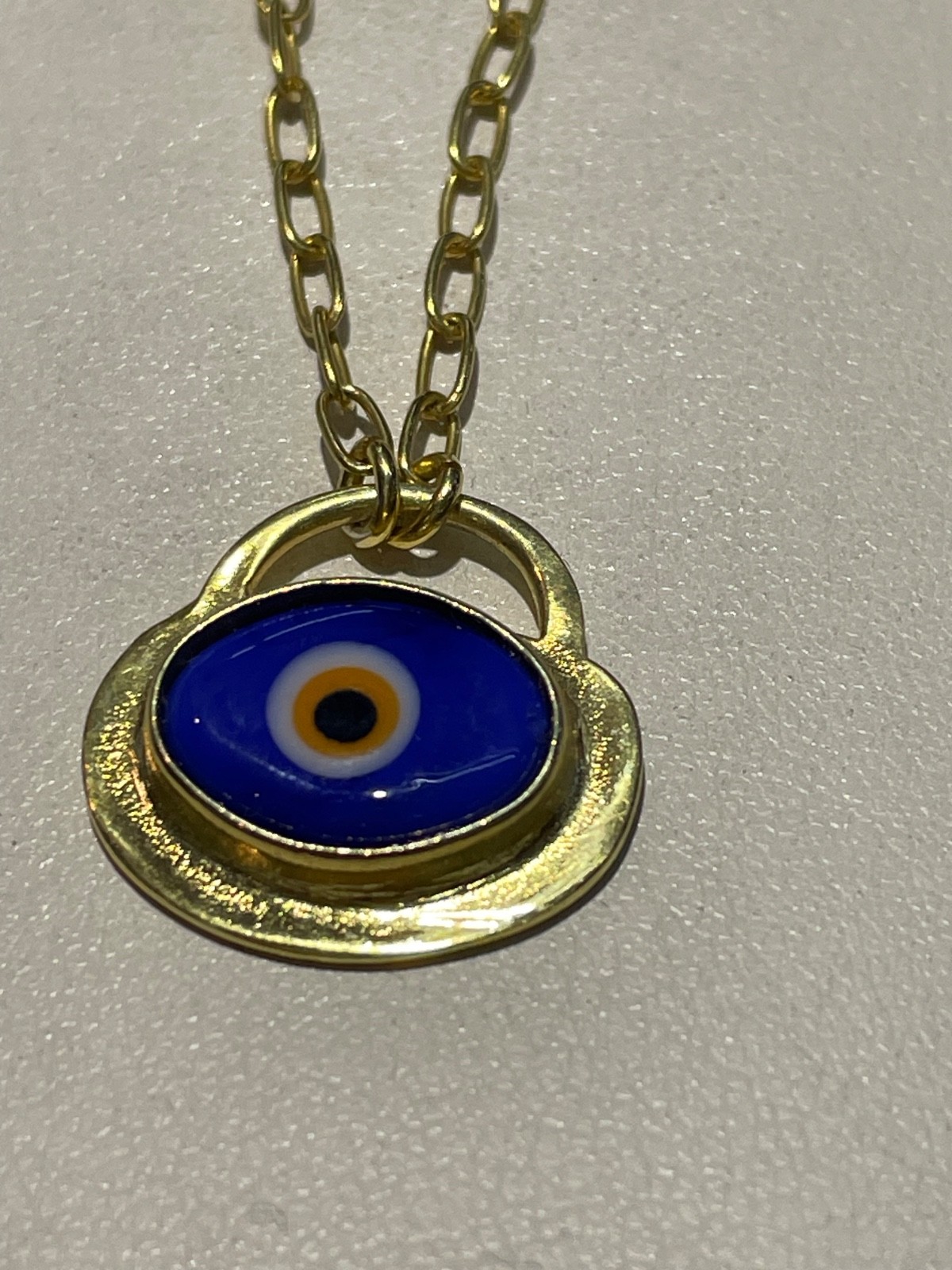 18k Yellow Gold Blue Evil Eye GREEK PADLOCK PAPERCLIP LINK 18″ CHAIN NEW