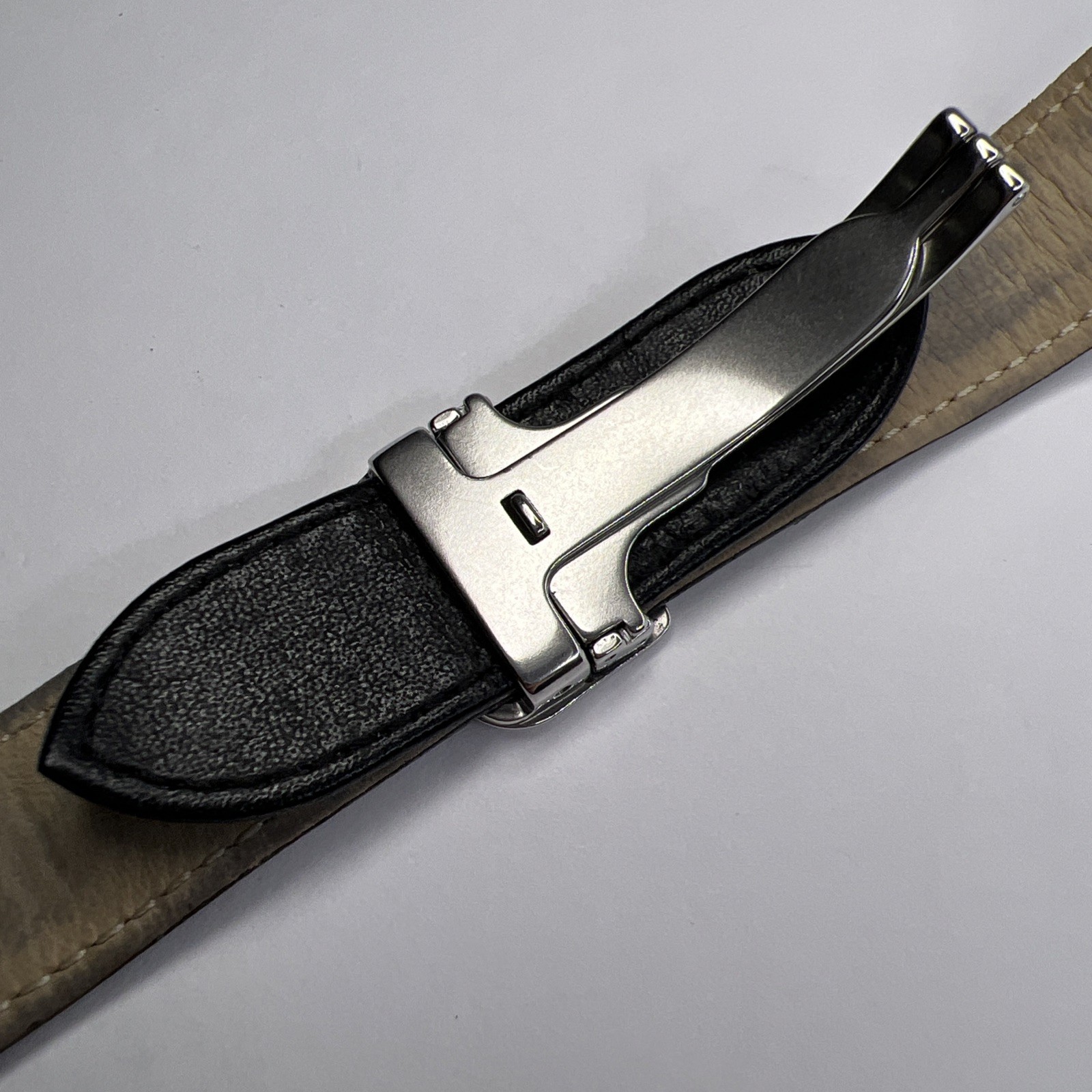 19mm Cartier Black Ridged Leather Strap Band 18mm Steel Foldover Deployant Clasp