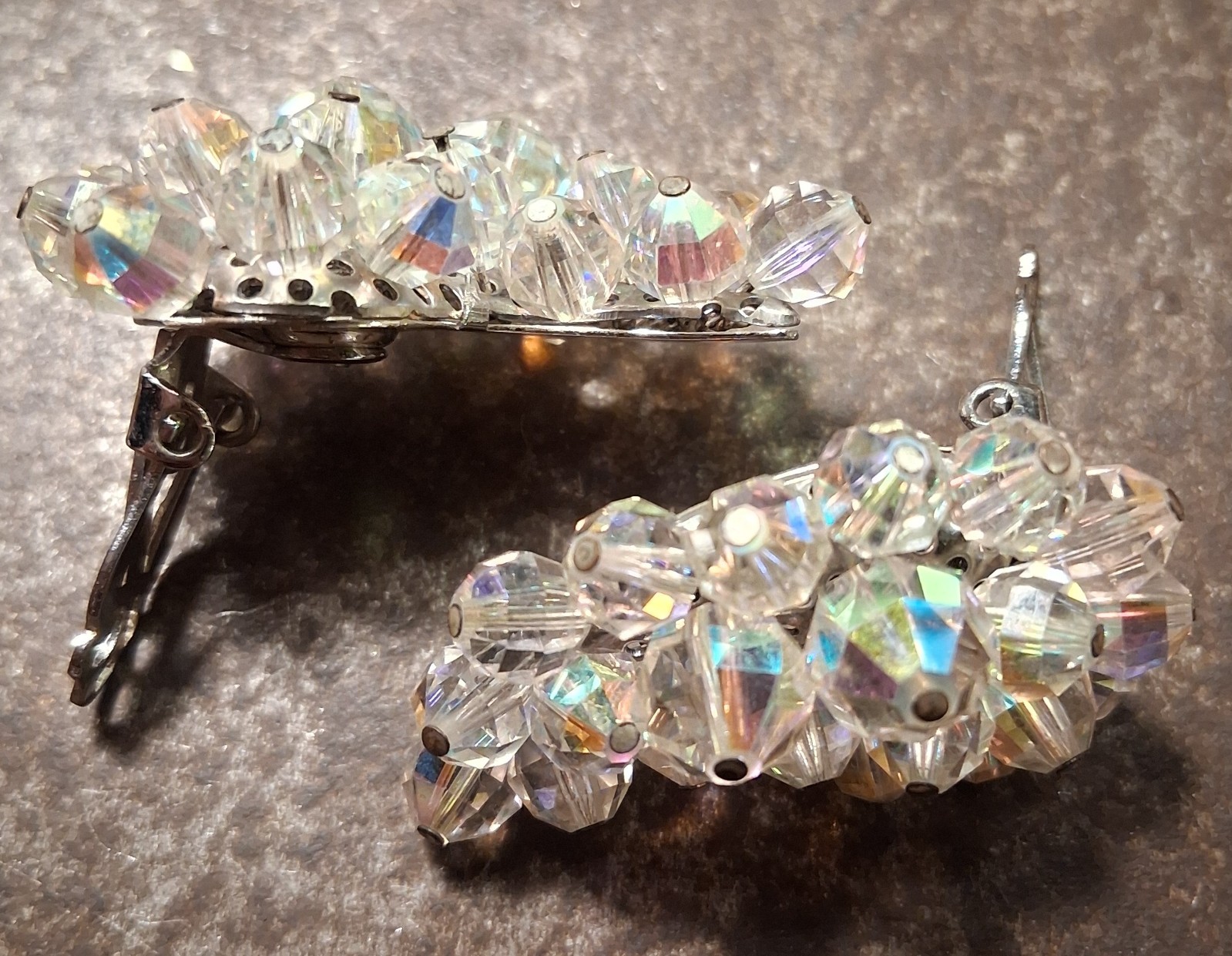 Vtg Crystal LAGUNA Clip Earring Cluster Aurora Borealis Bead Crescent Silvertone