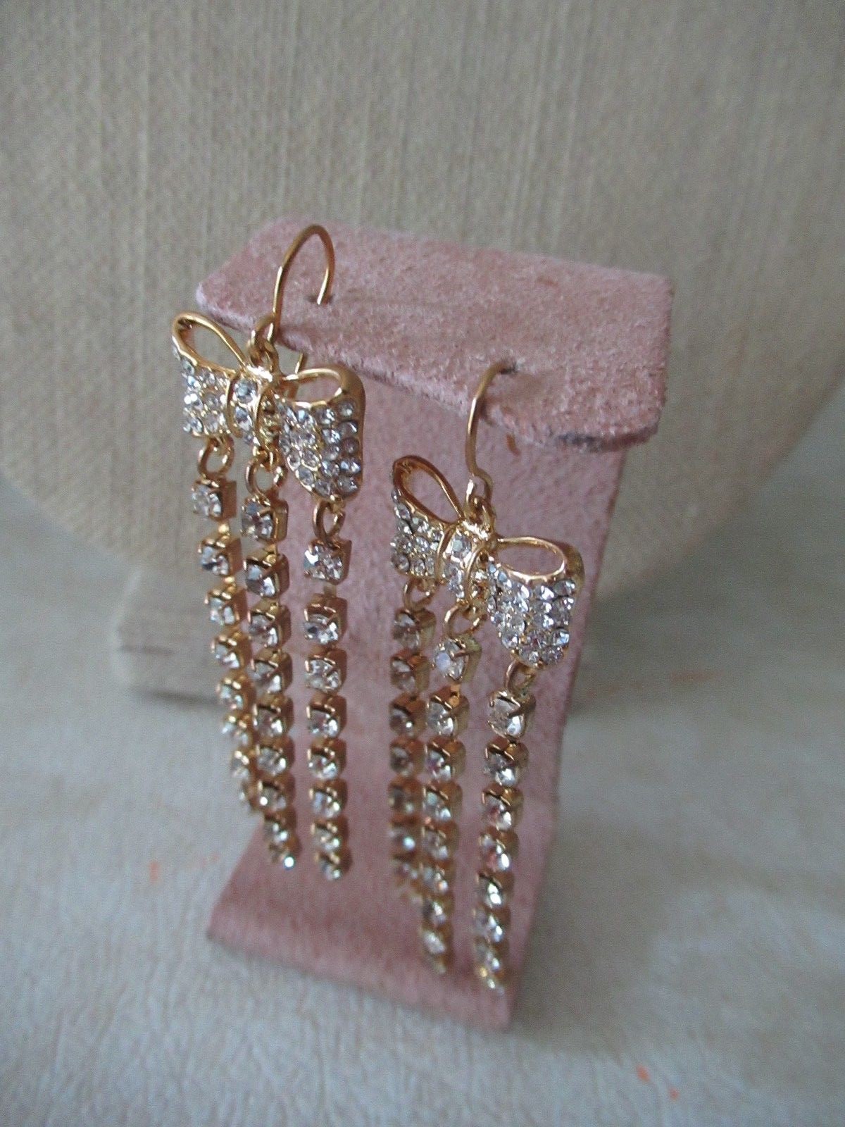 NWT ABS Gold Tone Pave Bow Tie Drop Earrings/ 3 Linear Rhinestone Strands-$55
