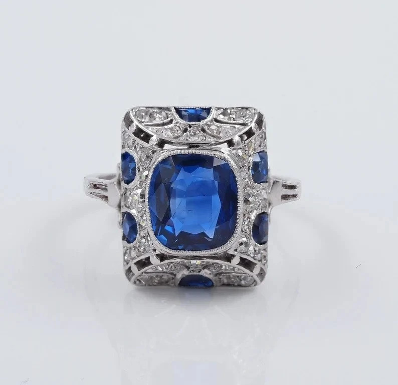Art Deco Style Sapphire & Lab Created Diamond 14K White Gold FN Engagement Ring