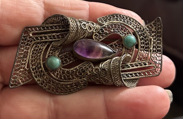 Antique Chinese Export Silver Filigree Amethyst Turquoise Floral Brooch Unusual