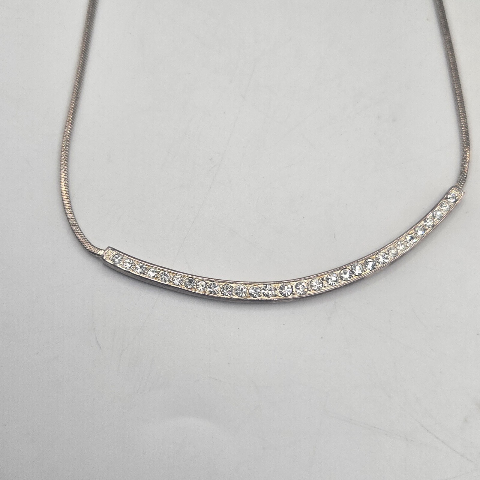 Vintage Necklace Curved 3″ Bar Small Pavé-set Stones on Rope Chain • Silver Tone