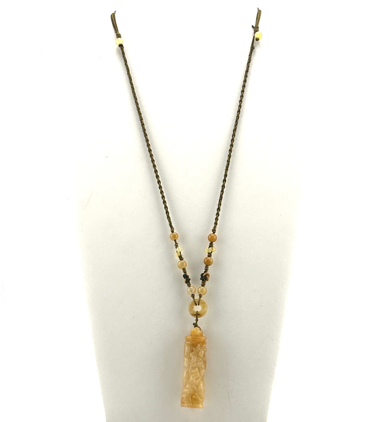 Macrame Genuine Carved Yellow Jadeite Necklace Adjustable Slide Knot 2″ Pendent