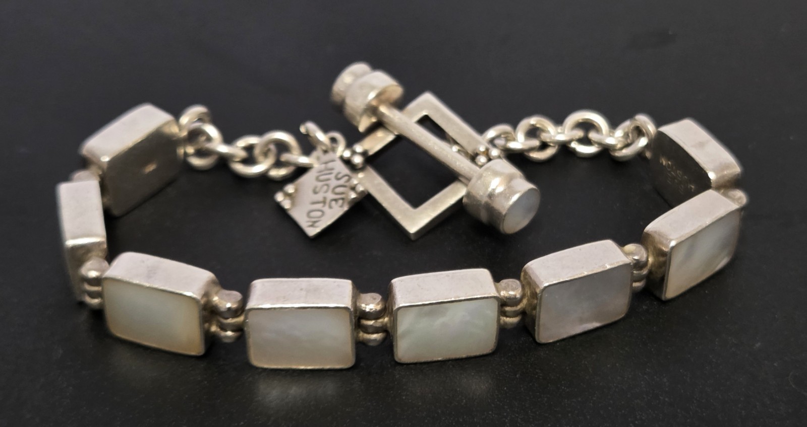 SUE HUSTON Sterling Silver Shell Inlay Bracelet 925 MOP Toggle Clasp 7″ L x3/8″w