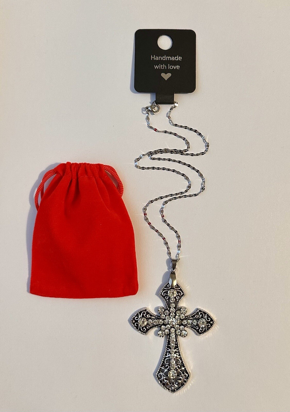 Large Victorian Cross Necklace Chain Silver Religious Gothic Grunch Whimsgoth