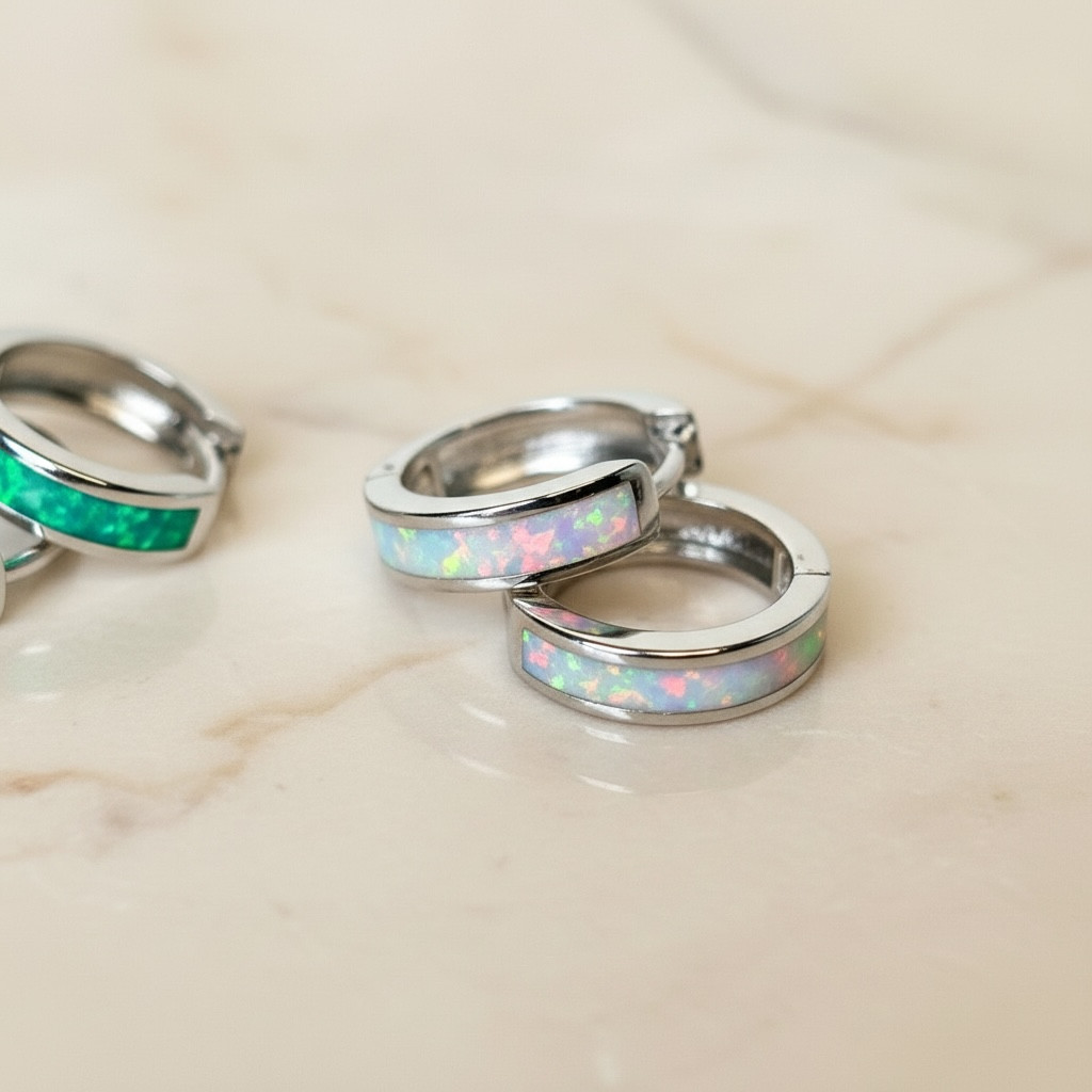 Opal Hoop Earrings | Elegant Silver Opal Huggie Set | Everyday White & Blue Opal