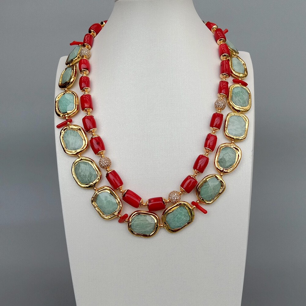 21″ 2 Strands Red Coral Green Amazonite Necklace Cubic Zirconia Pave Clasp