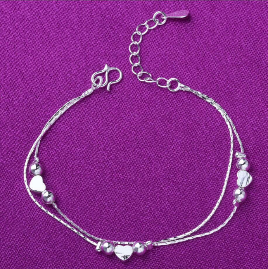 Women’s Silver SP Love Heart Beaded Charm Cuff Bangle Bracelet