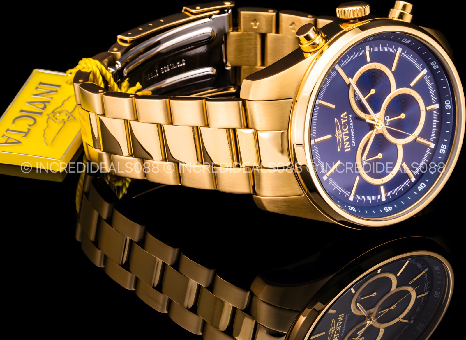 Invicta Mens SPECIALTY CHRONOGRAPH Blue 18K Gold Dial 48mm Bracelet Watch Reloj