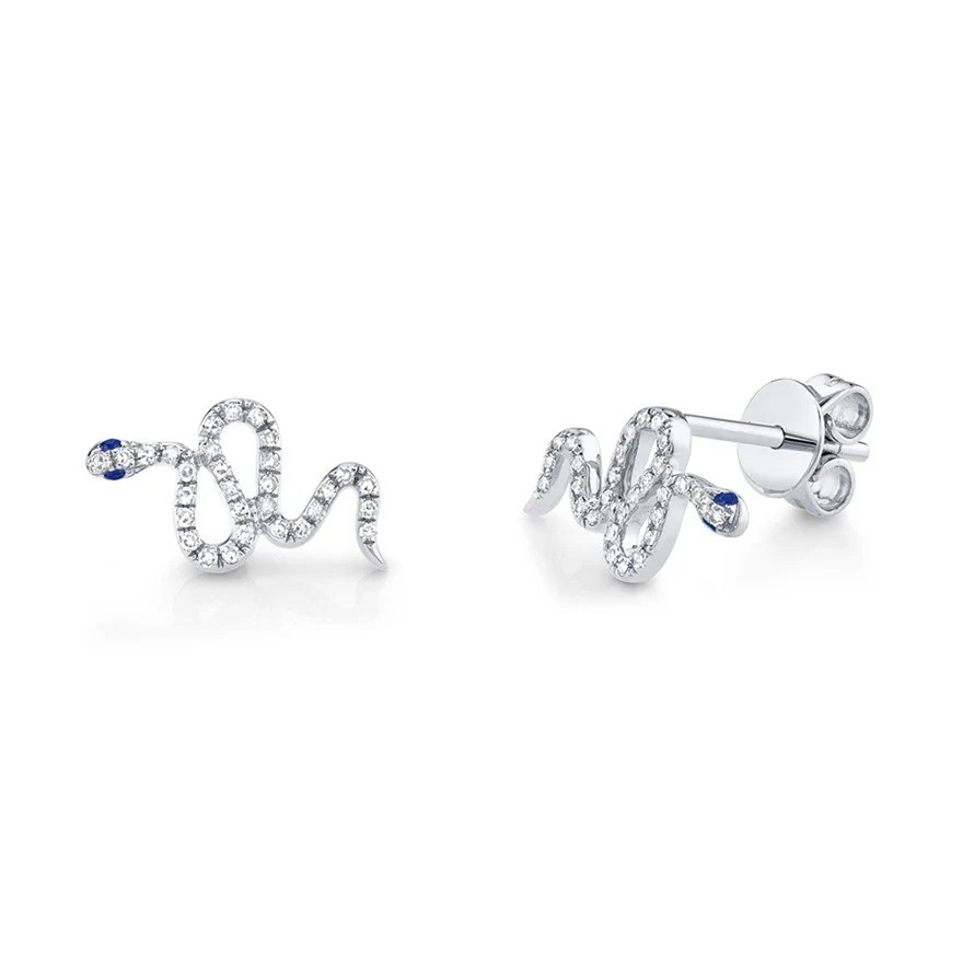Handmade 14K Solid Yellow Gold Diamond Sapphire Snake Stud Earrings, Animal Gift