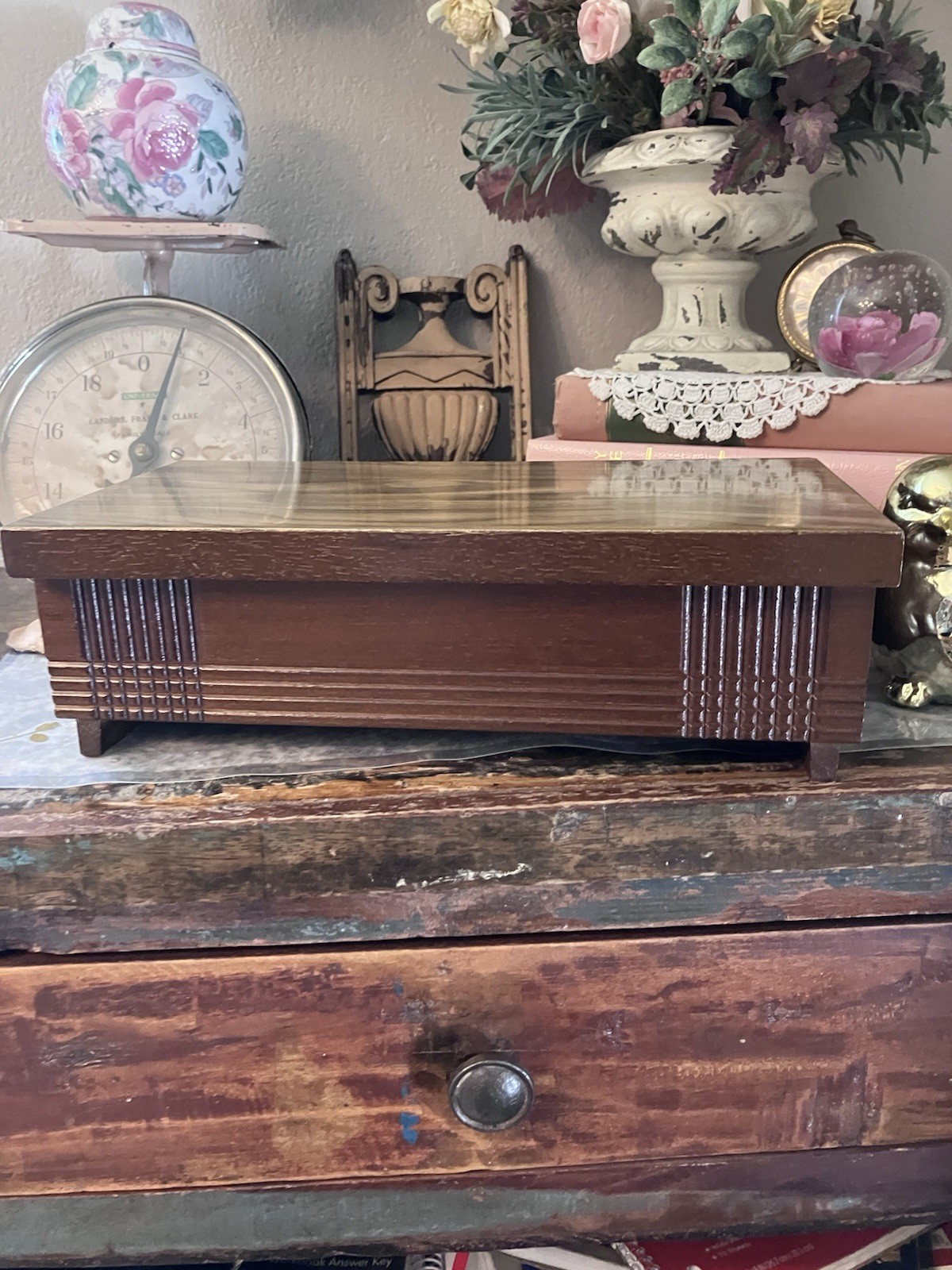 Vintage MCM Mid Century Modern Wood Jewelry Music Box Men’s Lacquer Top 60/70’s