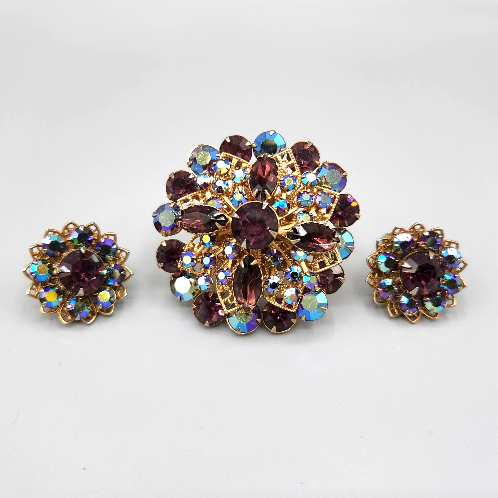 Unsigned Designer Amethyst Navette AB Rhinestone Gold Tone Brooch Earrings