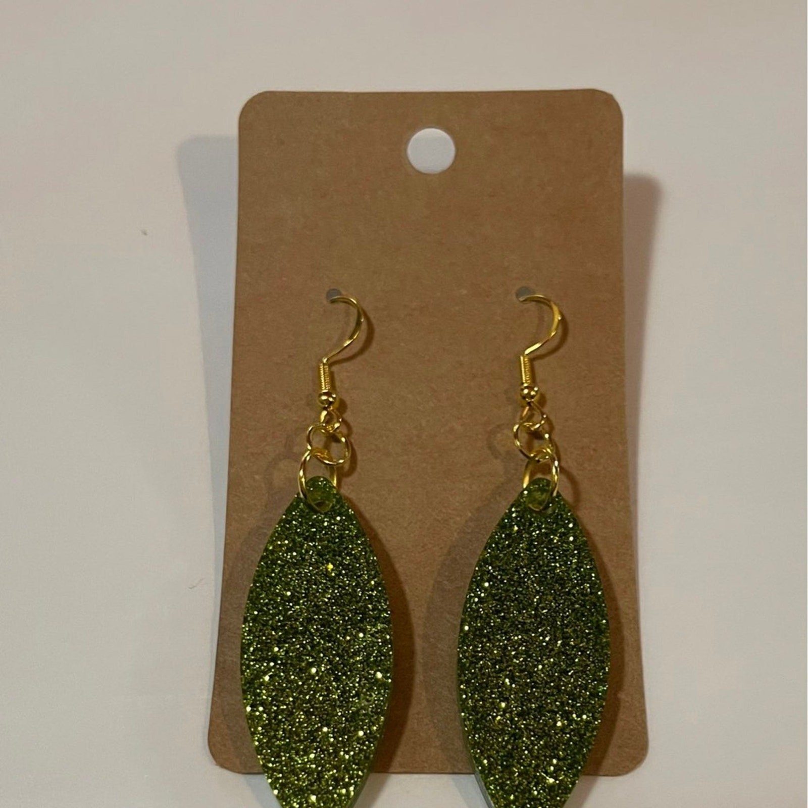 Handmade epoxy resin marquis pointed oval dangle earrings lime green glitter