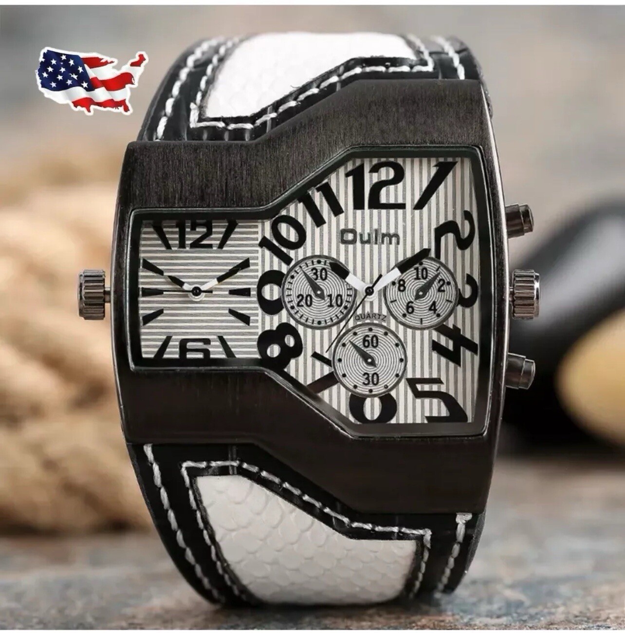 OULM Mens Casual Quartz Watches Dual Time Big Face Wide Leather Band Watch