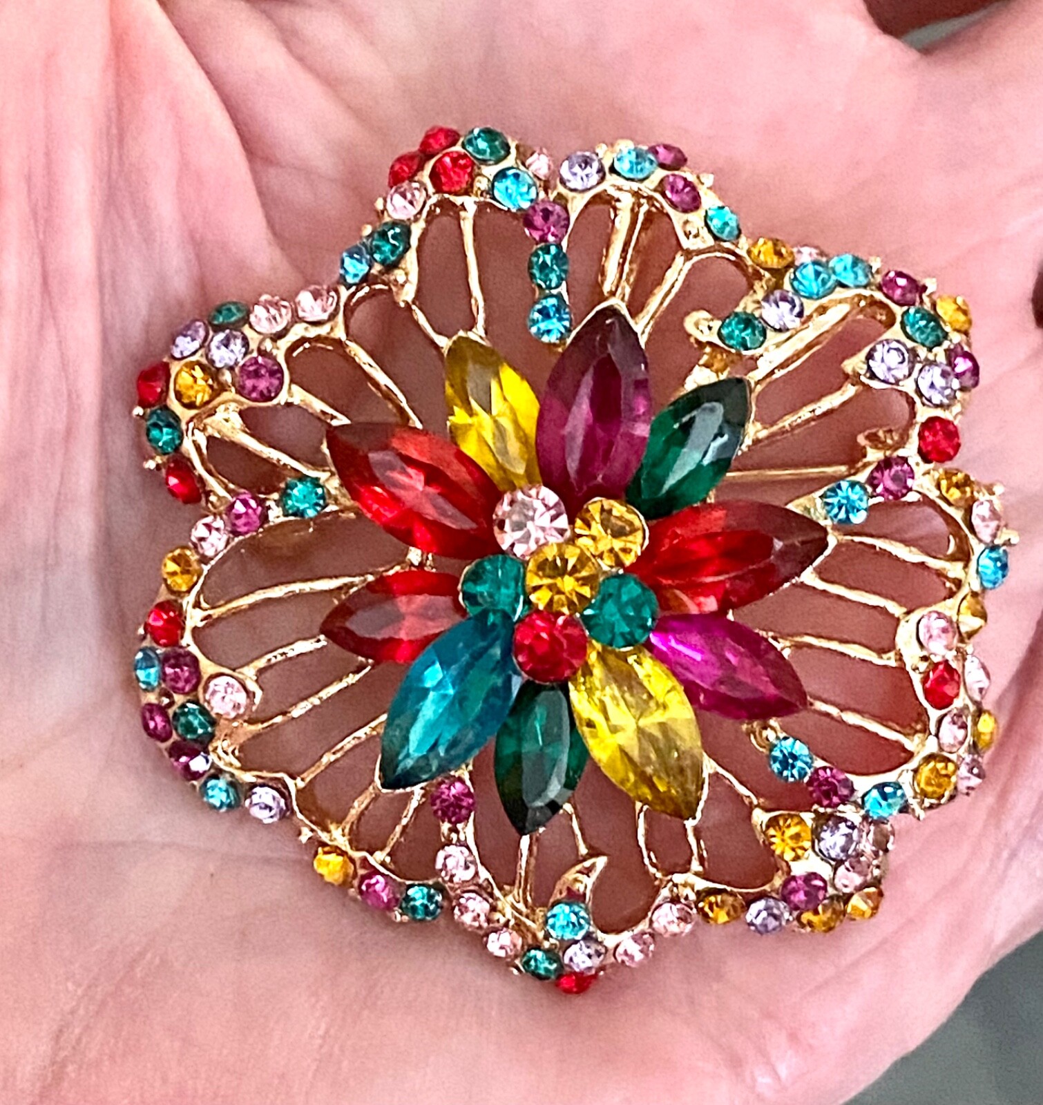 Multicolor Rhinestone Crystal Flower Brooch Pendant 1.95 inches
