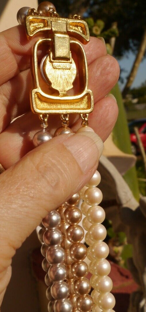 Monet Necklace Faux Pearl Gray Cream Champagne Triple Strand Ornate Box Clasp