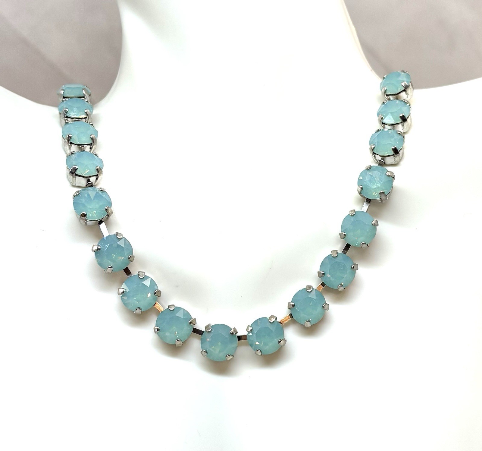 Rhodium Silver Plated Mint Green Pacific Opal Crystal Cup Chain Tennis Necklace