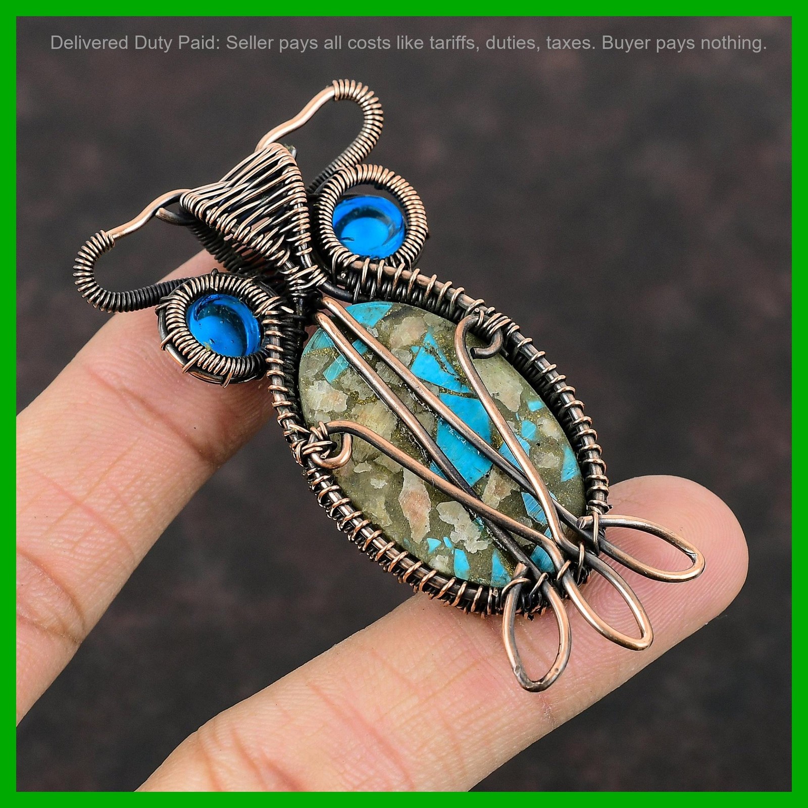 Oval Pink Opal Copper Turquoise Stone Blue Color Evil Eye Wedding Pendant Copper