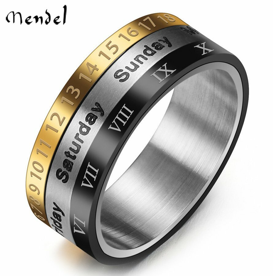 MENDEL Black Gold Plated Stainless Steel Rotatable Calendar Time Ring Size 7-11