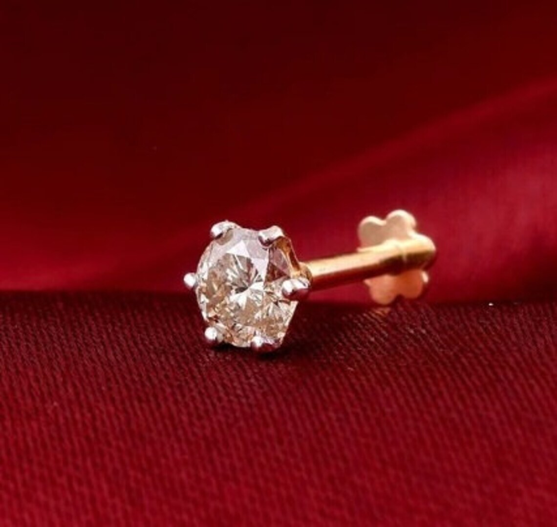 0.20Ct Round Natural Diamond Women’s Nose Piercing Pin Solitaire 14k Yellow Gold