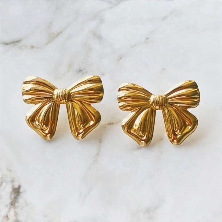 Gold Tone Bow Stud Earrings Pair, Metal, No Main/Secondary Stone, Lobe