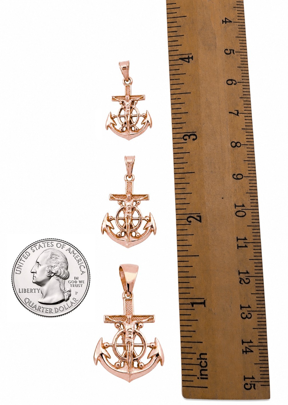 Real 10K Rose Gold Jesus Anchor Cross Pendant Nautical Mariner Ship Wheel
