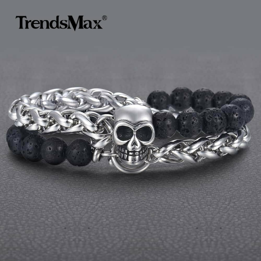 8mm Stainless Steel Skull Charm Wheat Link Bracelet Black Lava Rock Beaded Chain