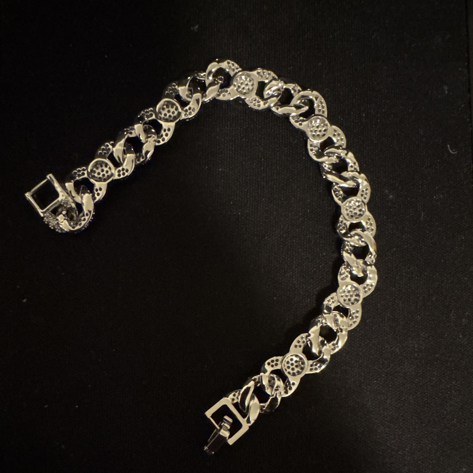 Silver Tone Cuban Link Pavé Rhinestone Bracelet, White Round Stones, Box Clasp