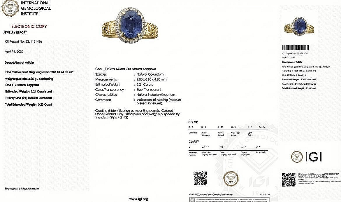2.24 ct Natural Blue Sapphire & Diamond Ring in 14k Yellow
