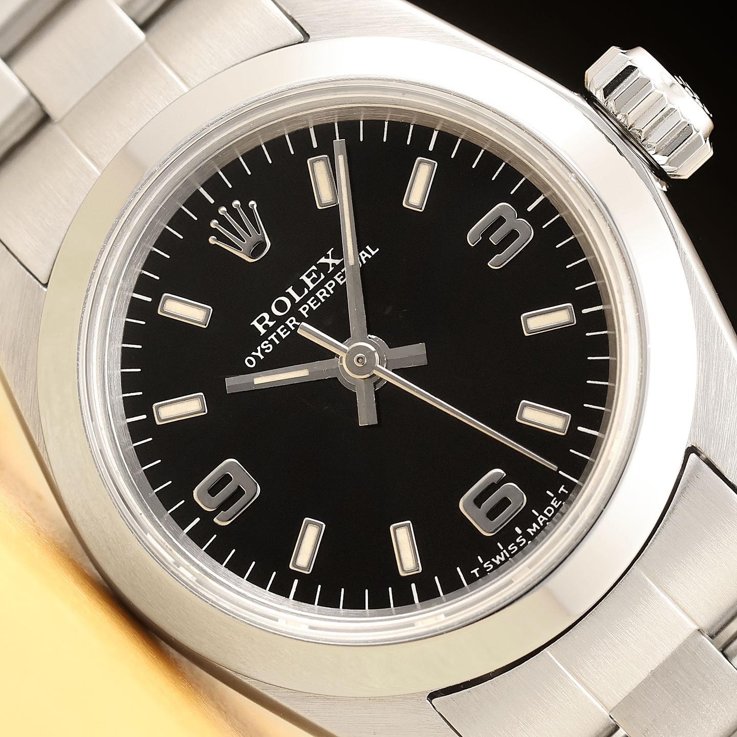 ROLEX LADIES OYSTER PERPETUAL 26MM 67180 BLACK ARABIC STAINLESS STEEL WATCH