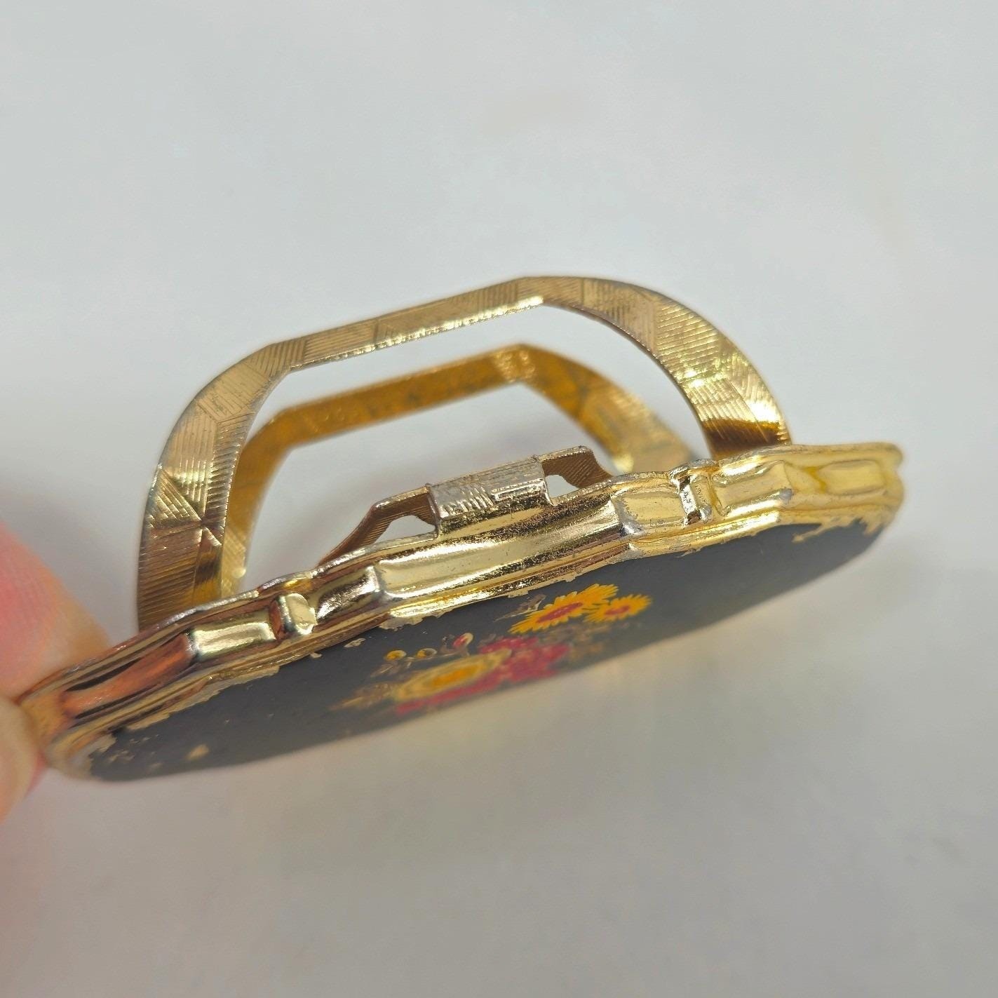 Vintage Lipstick Holder Flip Compact Mirror Handpainted Floral Gold Tone Black